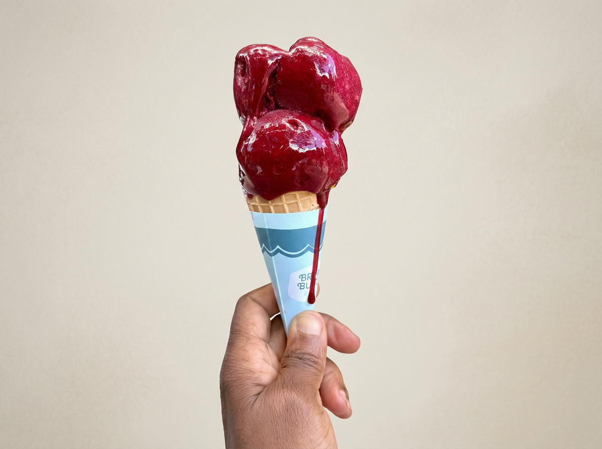 A hand holding an ice cream cone with three scoops of red cherry-flavored ice cream, with cherry syrup dripping down the side, against a neutral background.