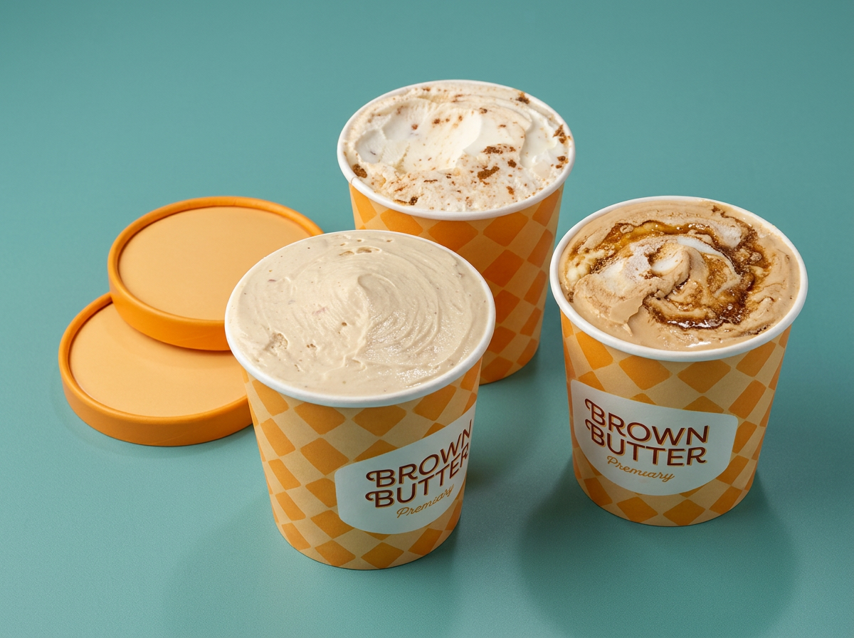 Three cups of ice cream with different flavors, branded 'Brown Butter', on a light blue background, with orange lids next to the cups