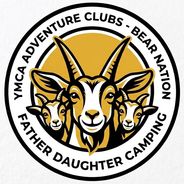 Logo featuring a central adult goat with two younger goats beside it, surrounded by a circular border with the text 'YMCA Adventure Clubs - Bear Nation Father Daughter Camping'.
