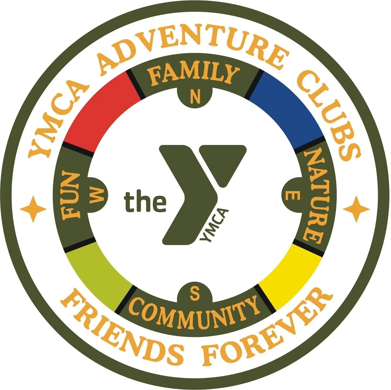 Circular emblem for YMCA of the USA with outer ring reading 'YMCA Adventure Clubs Friends Forever' and inner ring with words 'Family', 'Fun', 'Community', 'Nature'. Central YMCA logo with a stylized 'Y' and 'the YMCA' text.