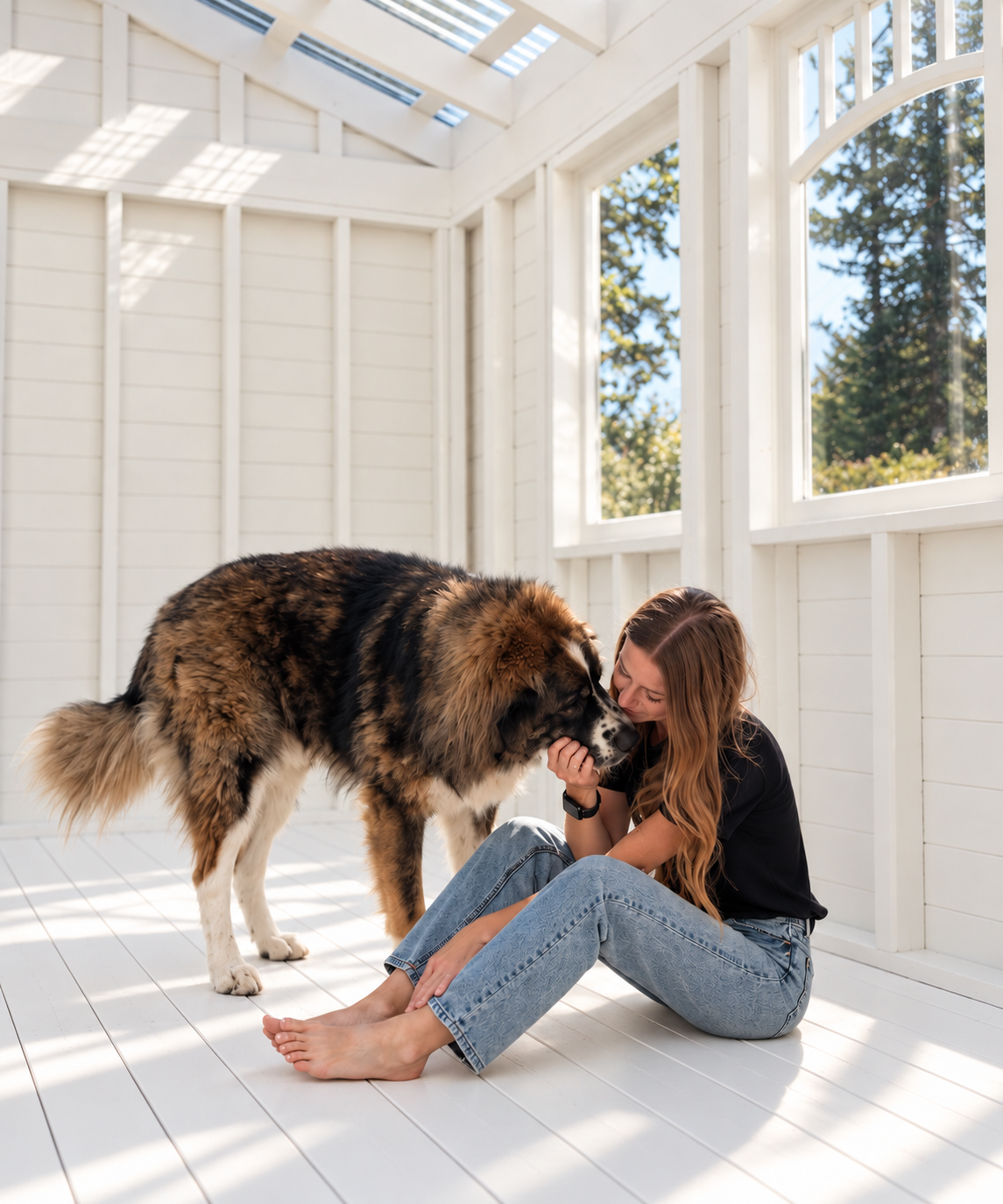 Owner of The Willow House sitting with her dog inside the bright natural light studio in Nanaimo, B.C.