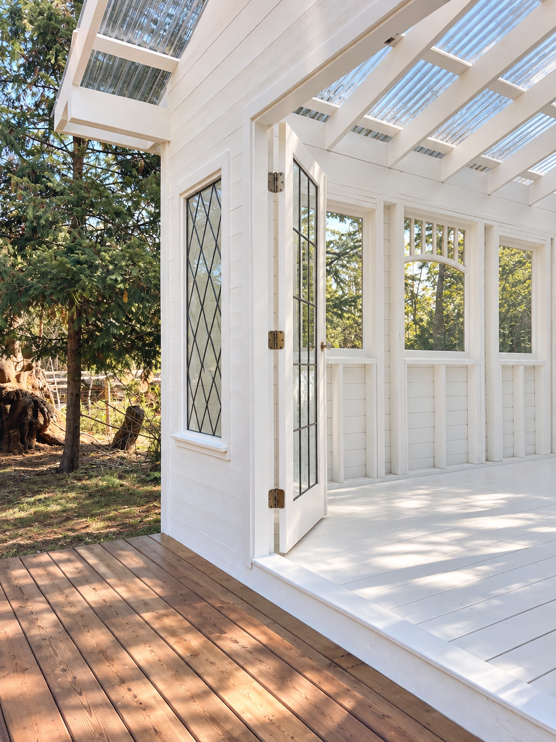 Interior of The Willow House natural light photography studio with white wood walls, clear roof and French doors