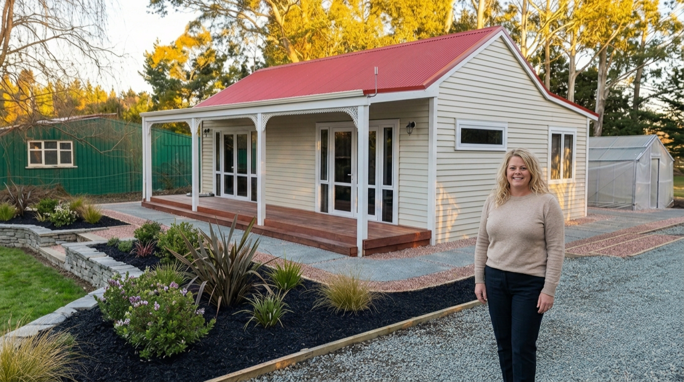 A woman standing in front of a modern house with a red roof and beige siding, surrounded by a landscaped yard with plants and garden beds.