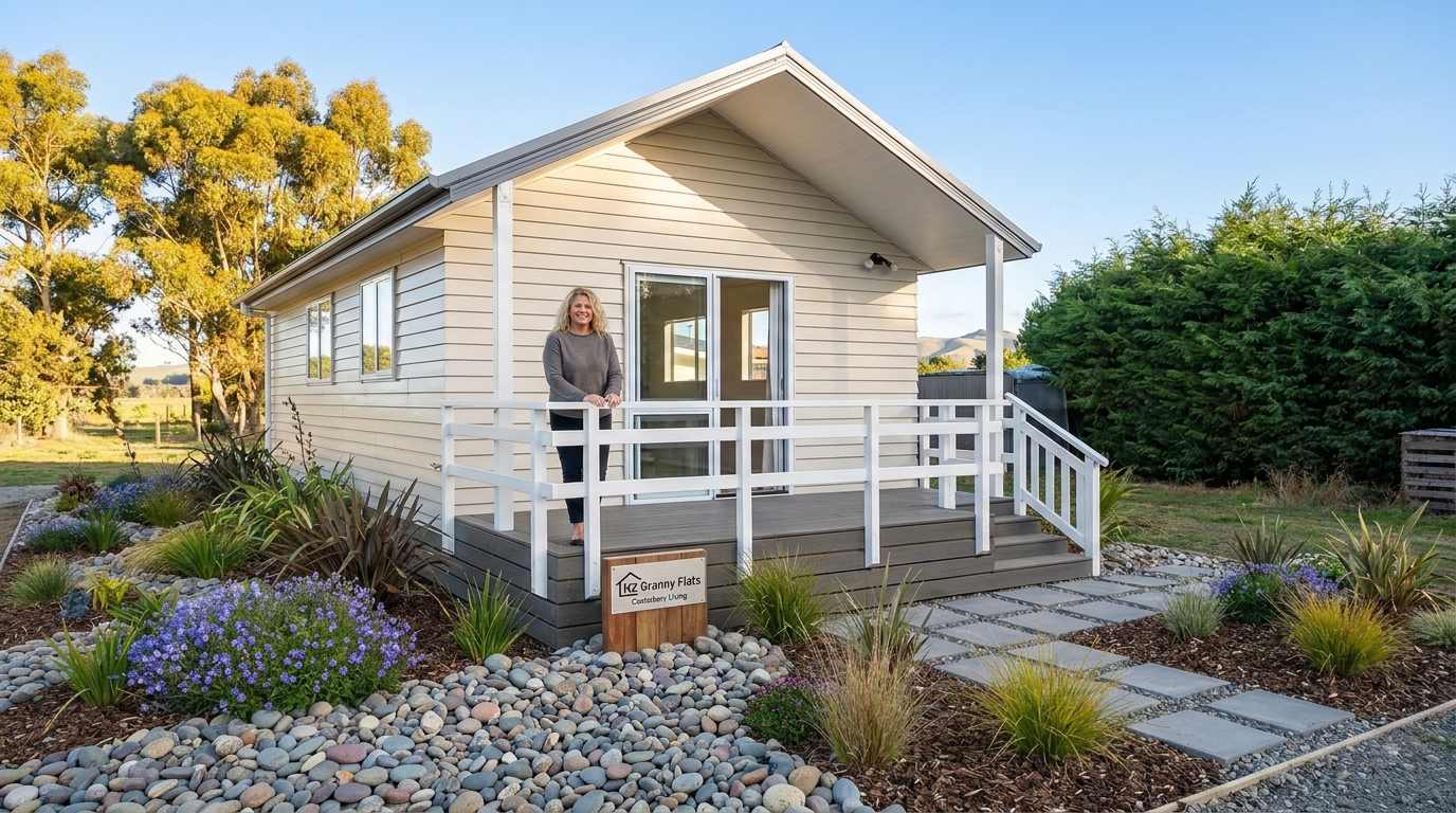 A woman standing on the porch of a small, white house with a gravel and landscaped yard, surrounded by trees, under a clear blue sky.