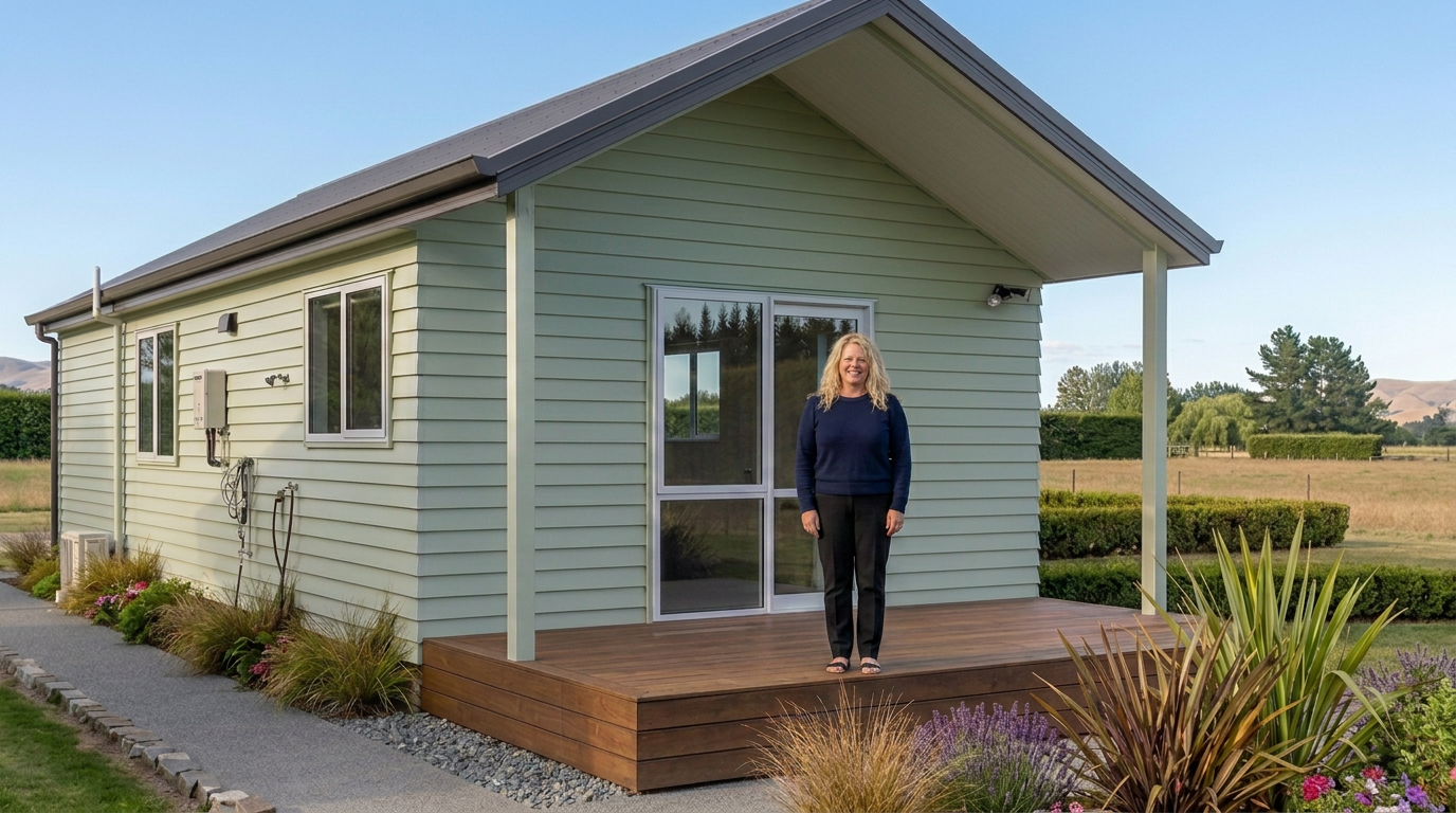 A woman standing on a wooden deck in front of a light green house with a gravel path and landscaped plants in a rural setting.