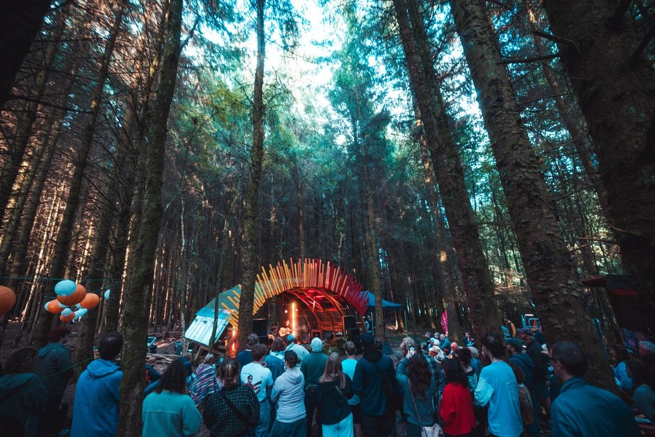 Crowd watching a live music performance on a stage set in a forest, decorated with colorful lights and paper lanterns.