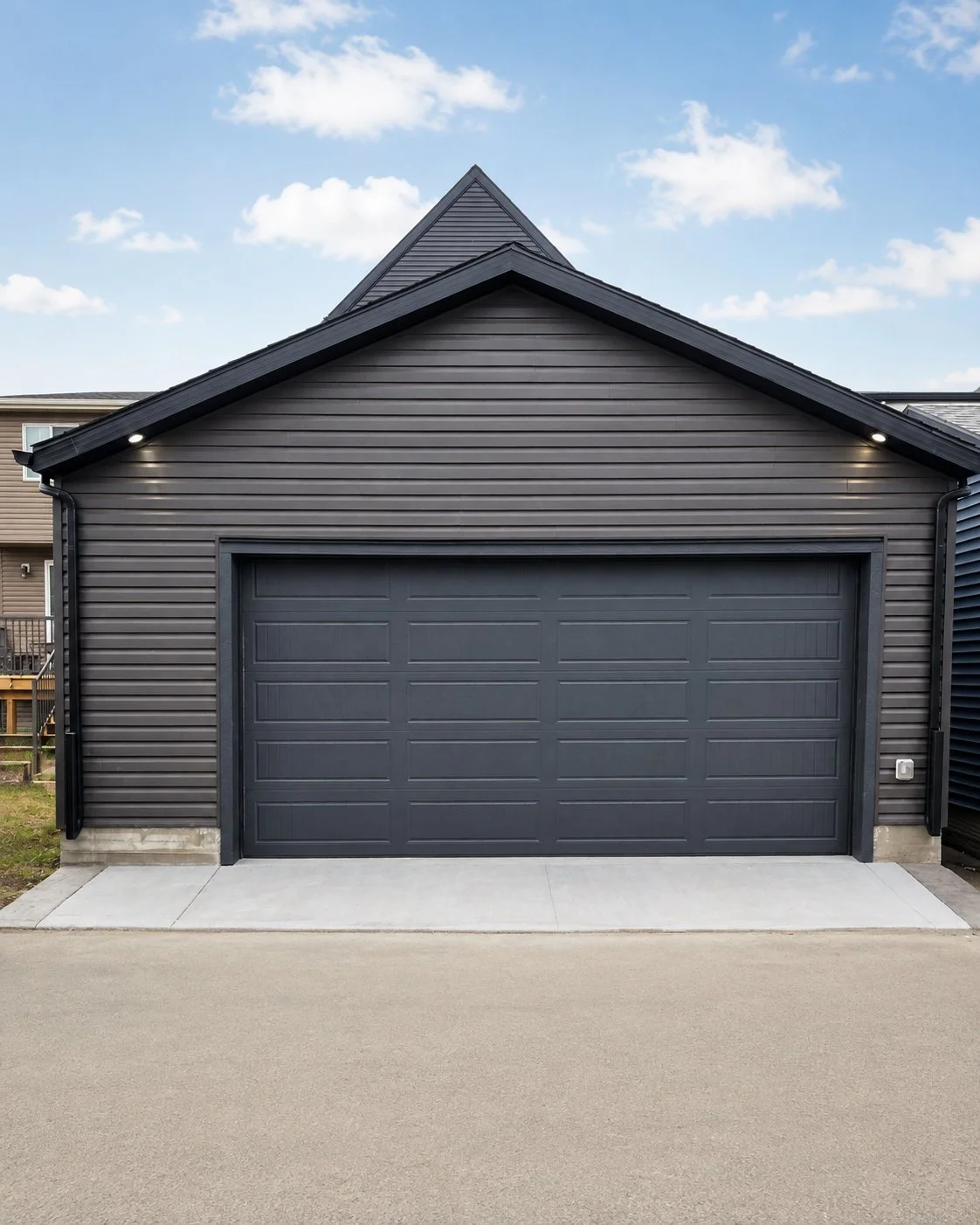 A modern gray garage with a closed garage door, black siding, and a concrete driveway under a partly cloudy sky.