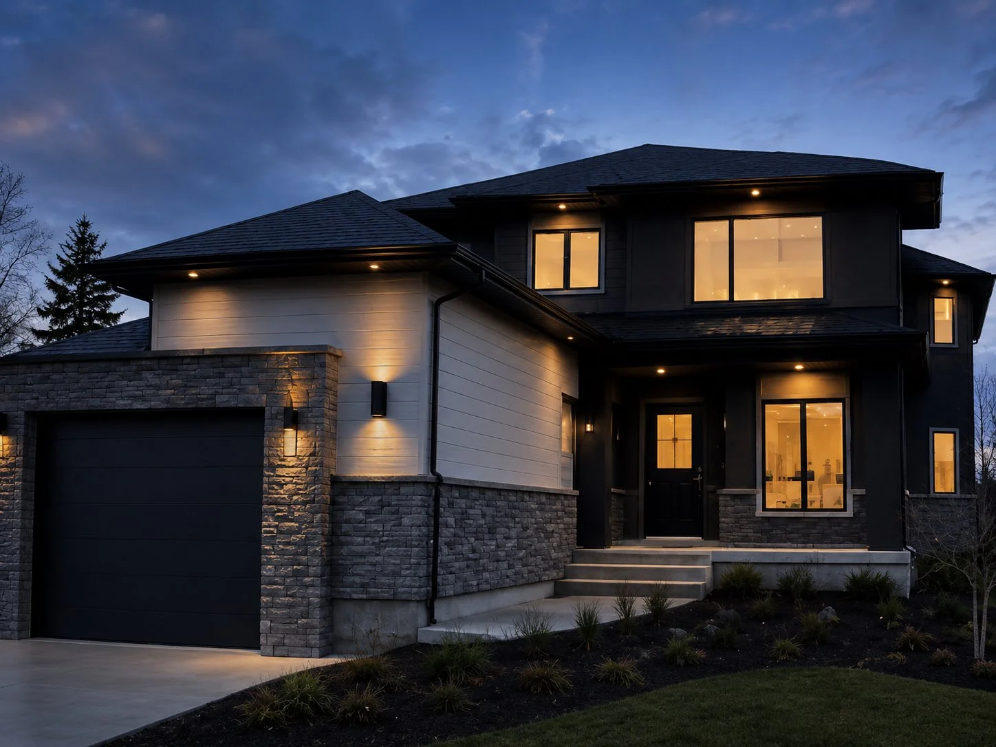 Modern two-story house with stone and dark siding exterior, illuminated windows, and front steps at dusk.