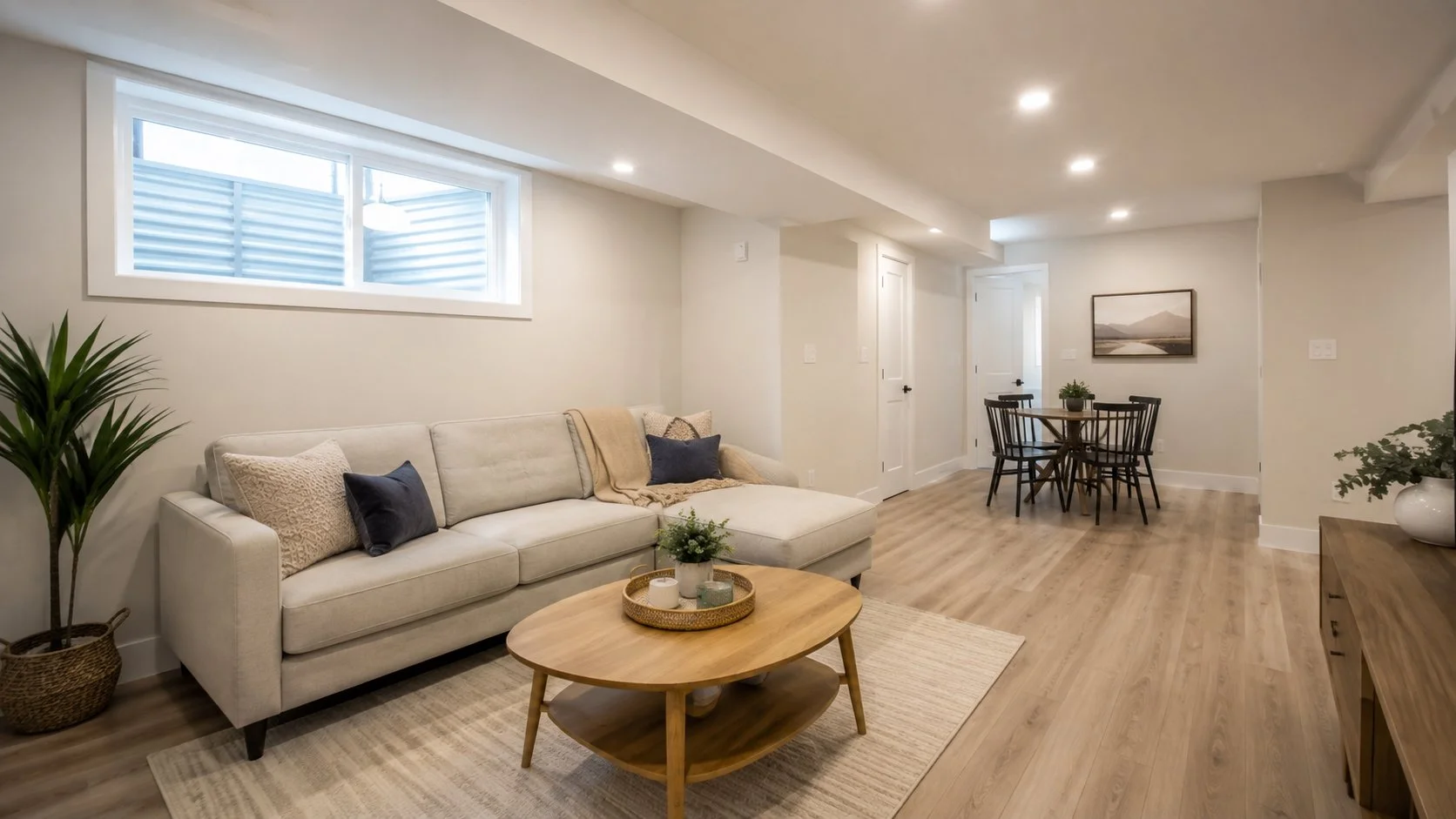 Living room with a cozy beige sectional sofa decorated with throw pillows and a beige blanket, a wooden coffee table with plants and candles, a potted plant in a wicker basket, a dining area with a round table and four black chairs, a wall painting, hardwood floors, and soft recessed lighting.