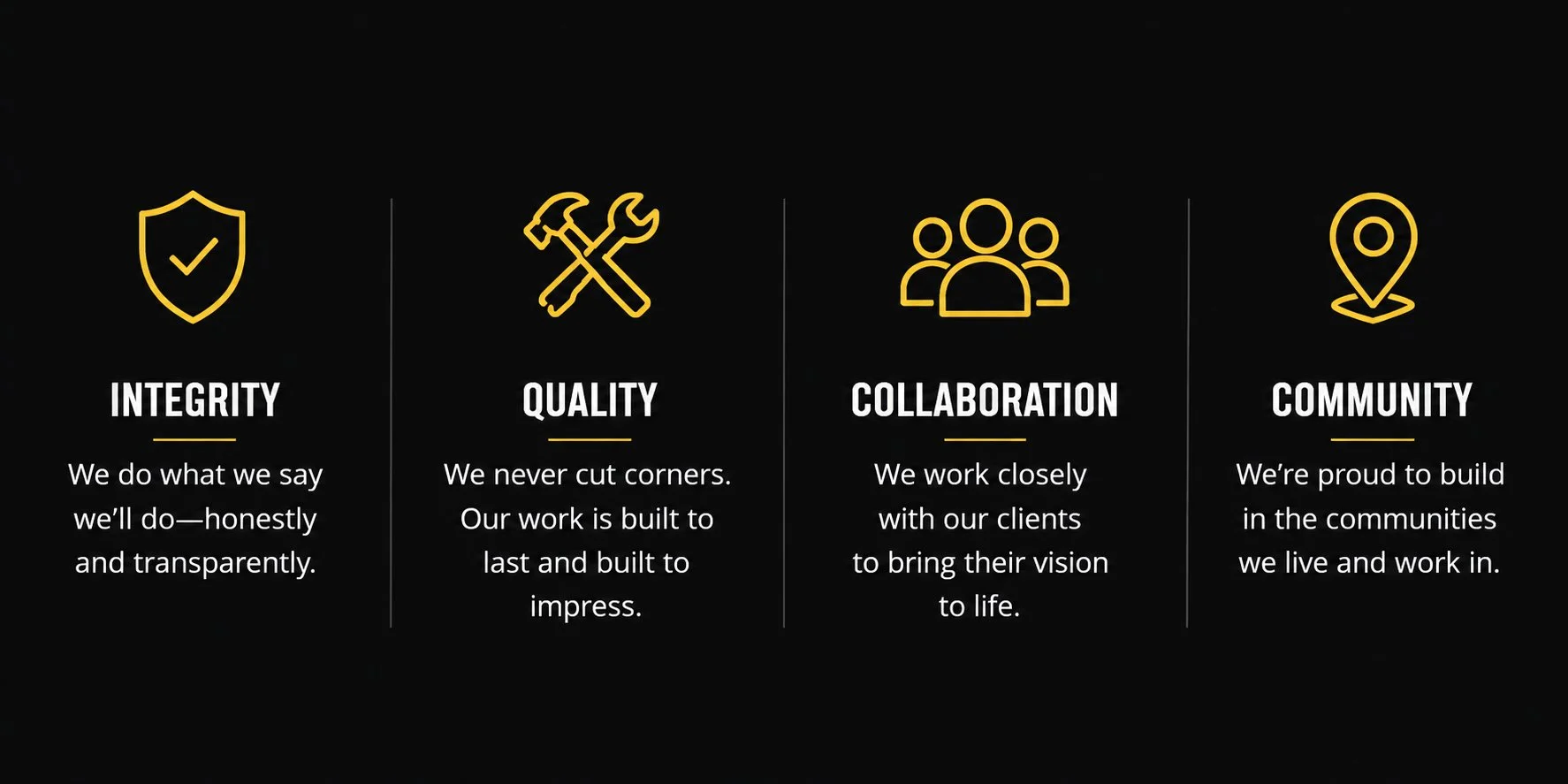 Icons and text displaying company values: integrity, quality, collaboration, and community, with descriptions for each.