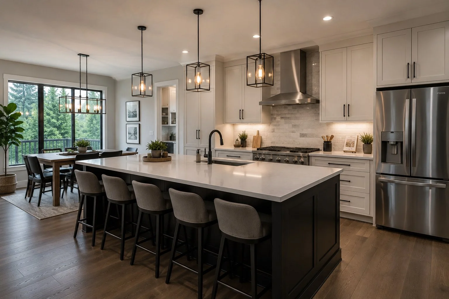 Modern kitchen with white cabinets, stainless steel appliances, black accents, and a large island with seating. Dining area with table and chairs near large window, decorated with plants and framed pictures.
