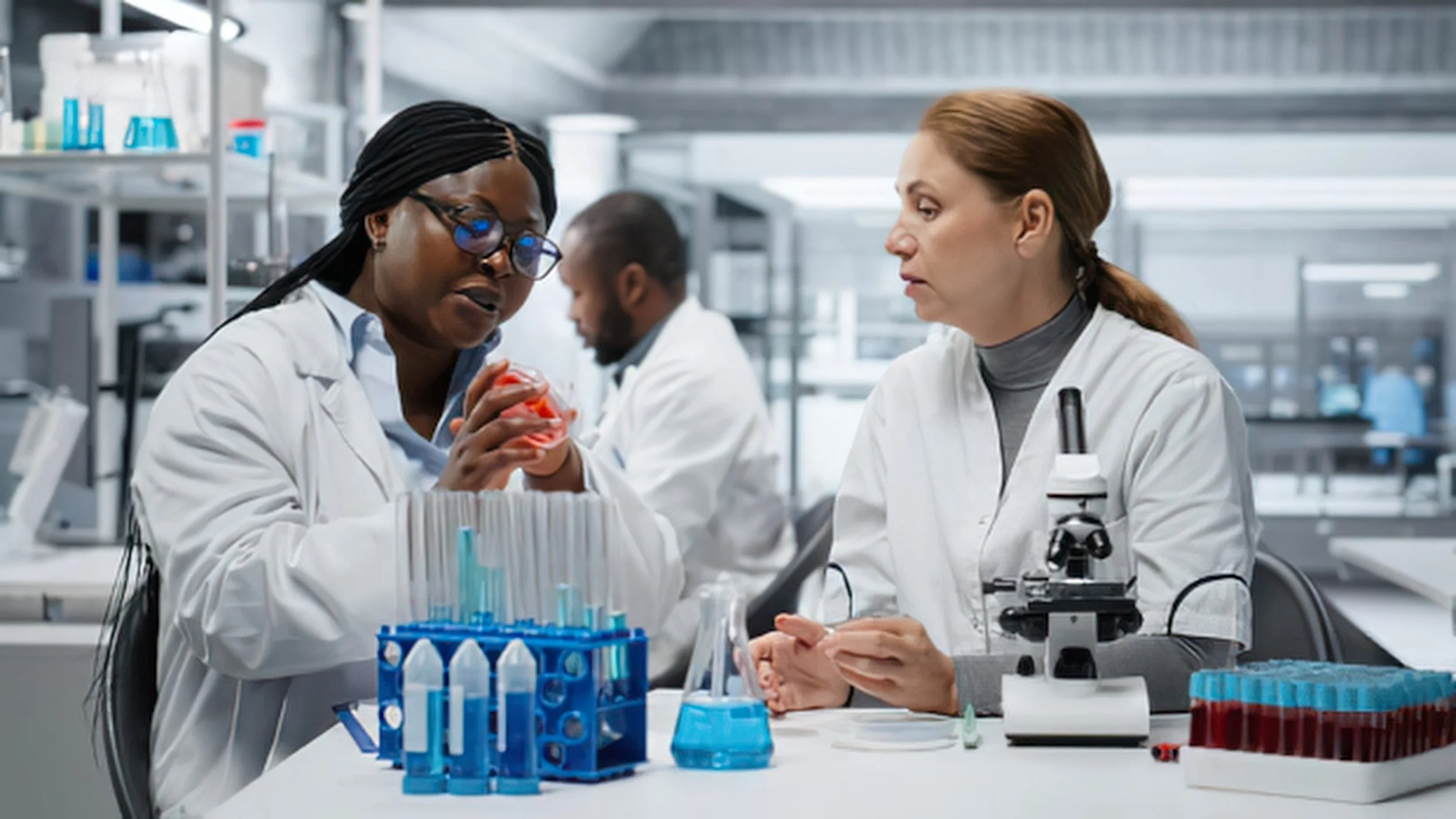 Two female scientists in lab coats conducting experiments in a laboratory with scientific equipment and test tubes.