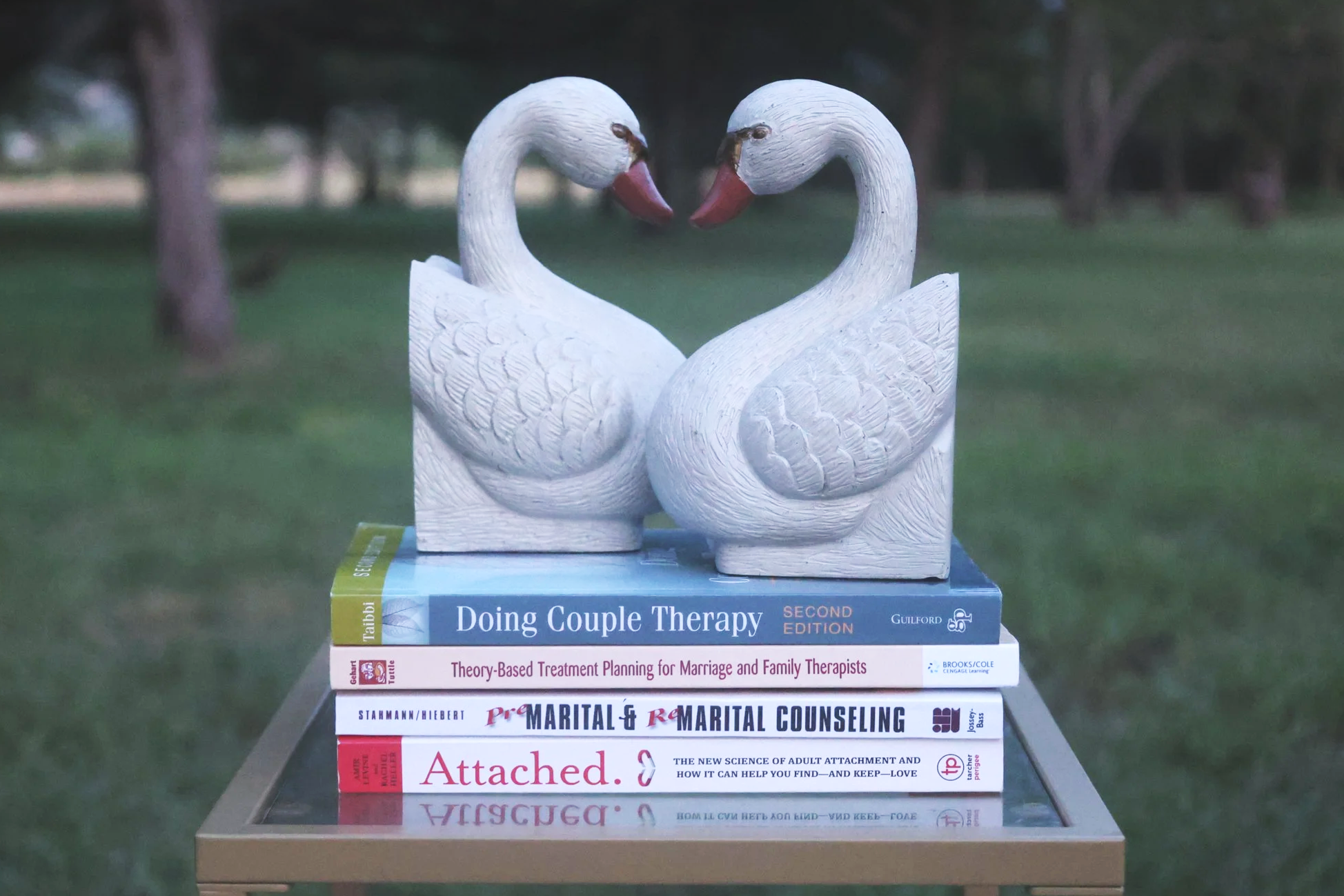 Two white swan garden statues with curved necks touching, forming a heart shape, placed on a tray with stacked books about couples therapy and marriage counseling, outdoors with trees in the background.