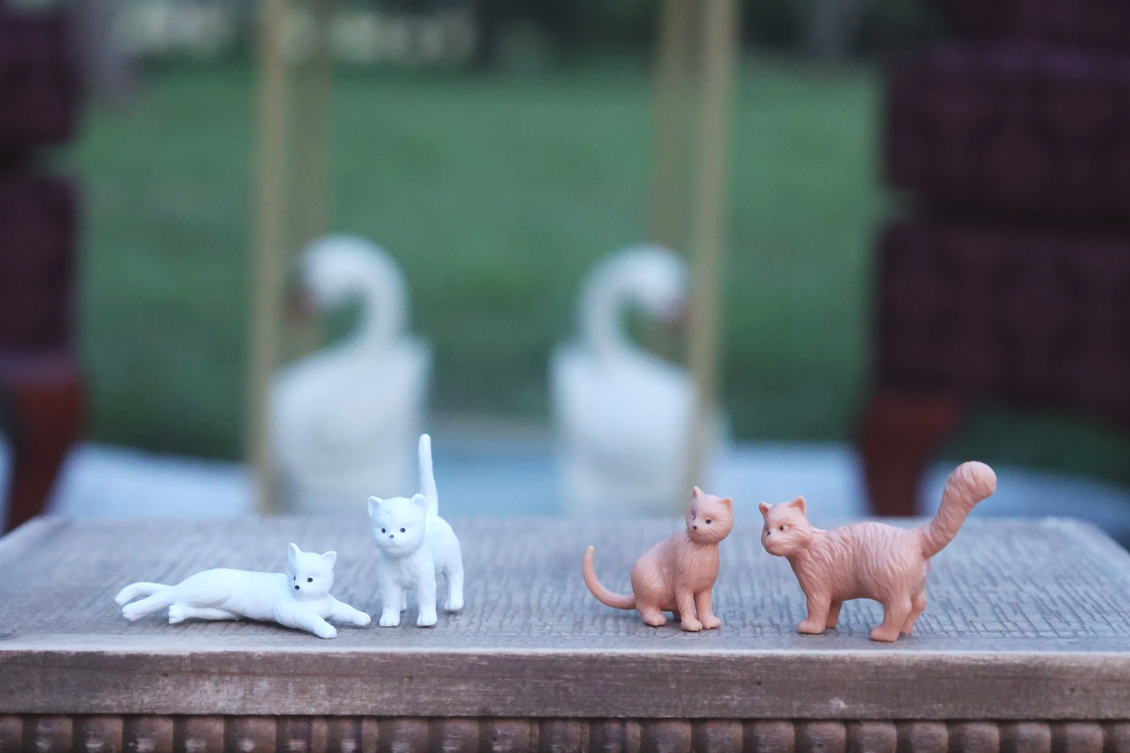 Miniature toy cats in white, orange, and beige colors positioned on a wooden surface with a green, blurred background of trees or shrubs.