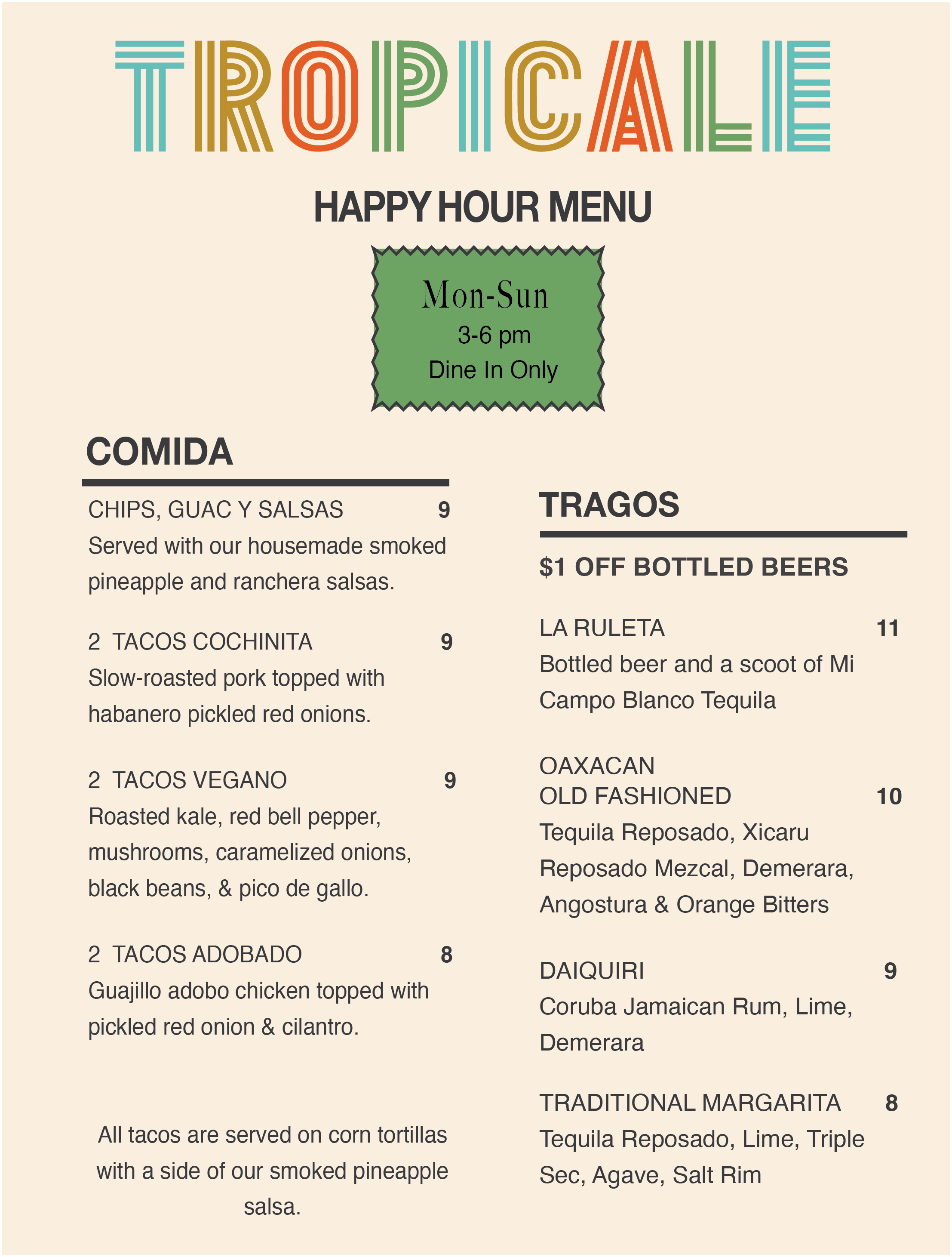 Tropical themed restaurant's happy hour menu featuring soft pastel background, stylized colorful text for 'TROPICAL,' and black text for menu items, including tacos, drinks, and specials with prices.