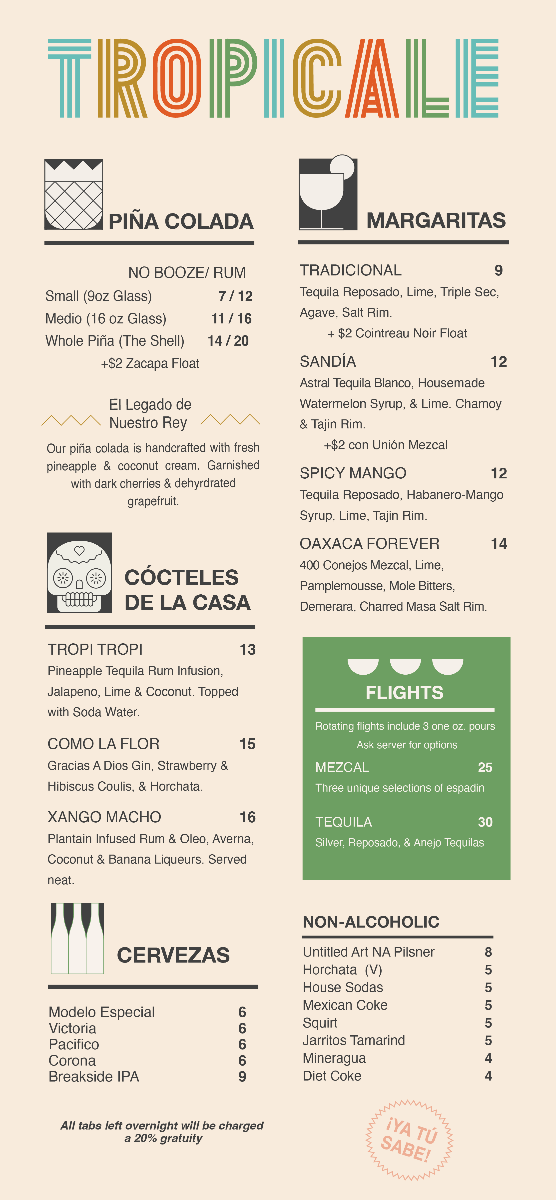 Menu featuring tropical drinks and cocktails, with sections for Piña Colada, Margaritas, House Cocktails, and non-alcoholic options, alongside beer options. Includes descriptions and prices for each drink.