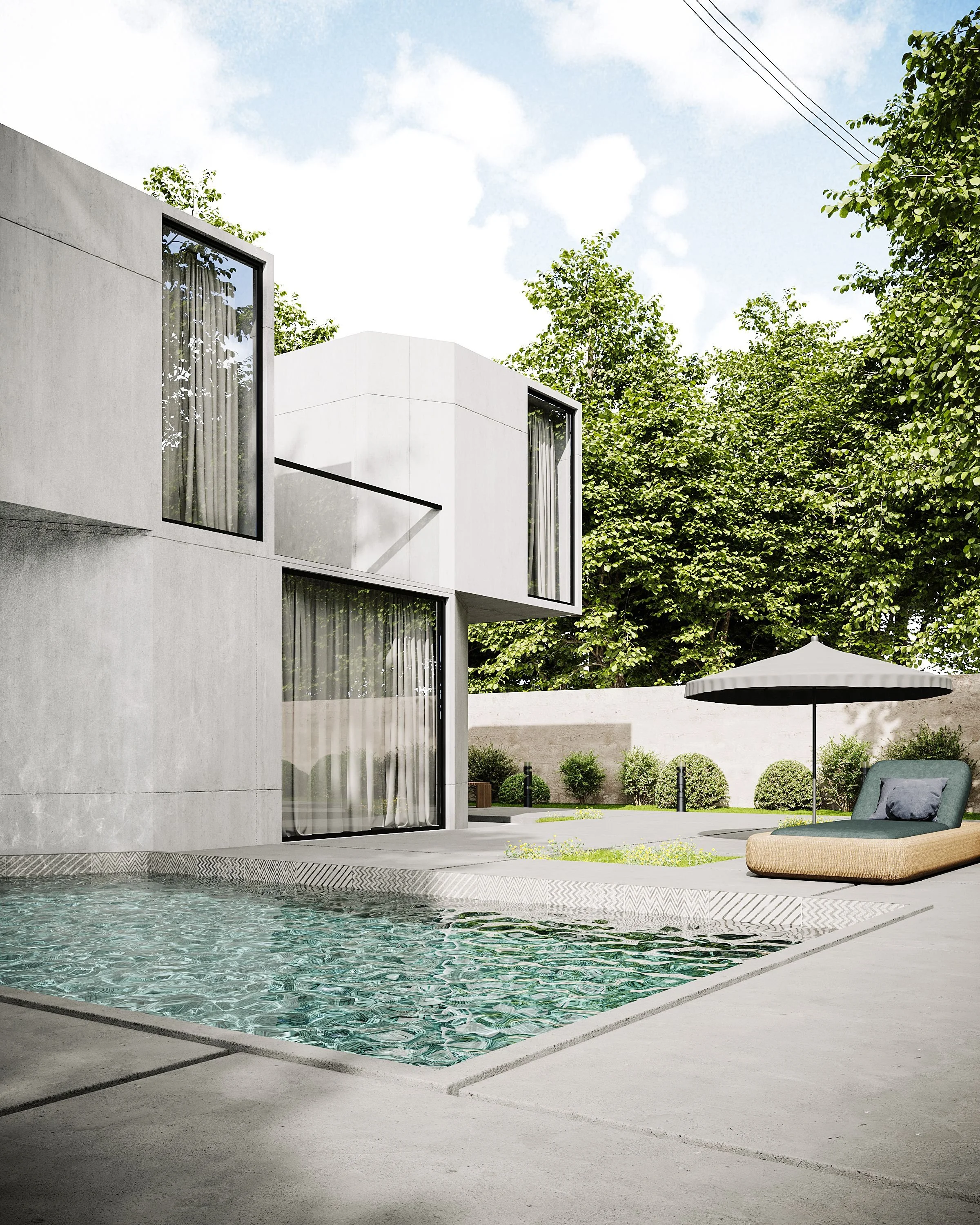 Modern house with large glass windows, a swimming pool, and outdoor seating with a large umbrella, surrounded by greenery and trees.