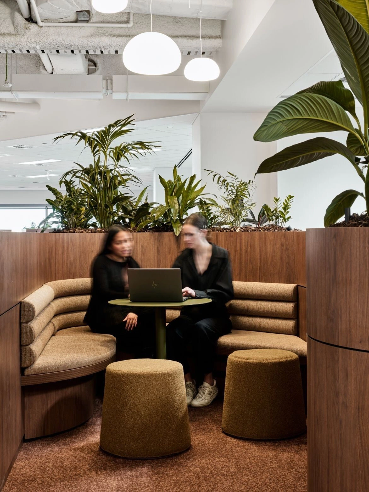 Dos mujeres sentadas en un banco en un espacio interior con plantas y iluminación moderna, trabajando con una computadora portátil.