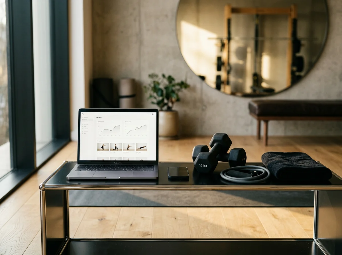 Laptop displaying an online workout program beside dumbbells, resistance bands, and a smartphone.