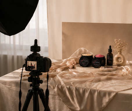 Camera on tripod aimed at skincare products and accessories on a satin cloth background.