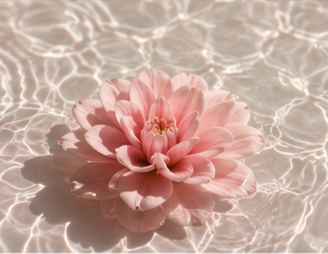 A pink water lily floating on water with sunlight reflections.