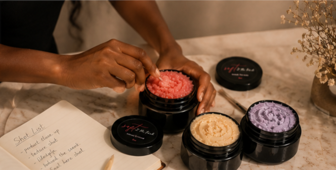 Hands reaching into jars of pink, yellow, and purple body scrub or butter on a marble countertop, with an open notebook nearby.