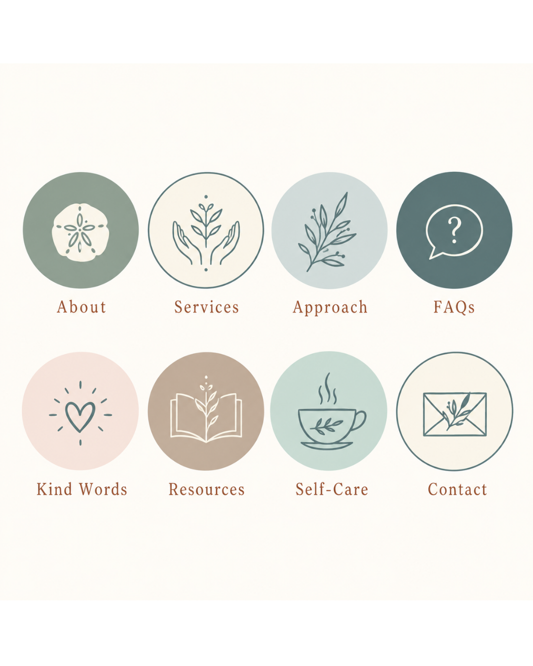 Website navigation menu with icons and labels: About, Services, Approach, FAQs, Kind Words, Resources, Self-Care, Contact.