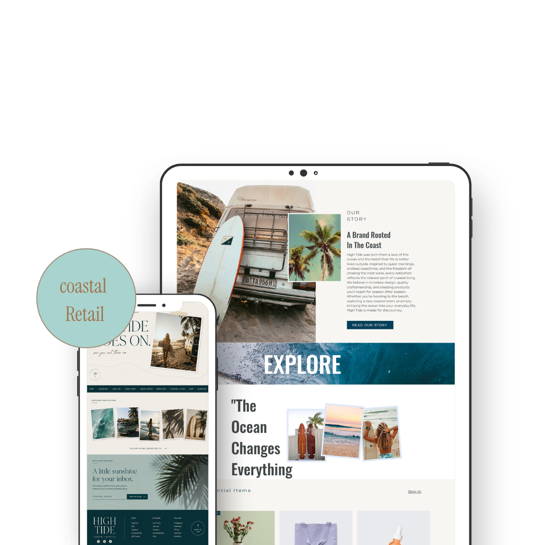 Landing page and mobile screen of a coastal retail website featuring beach and ocean images, surfboards, palm trees, and tropical scenery.