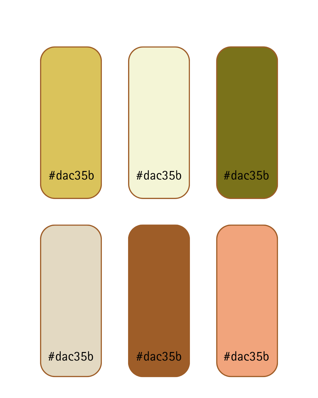 Six rounded rectangular color swatches arranged in two rows of three. Top row: olive green, creamy white, darker olive green. Bottom row: beige, brown, light peach. Each swatch has the hex color code '#dac35b' printed on it.