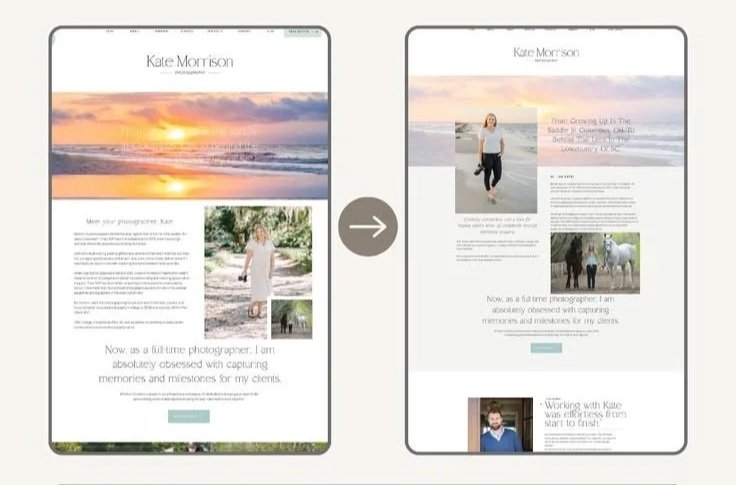 Before and after images of a photographer's website redesign. The initial version features a sunset at the beach and a woman walking outdoors. The revised version has a lighter background, additional project images, and a cleaner layout.
