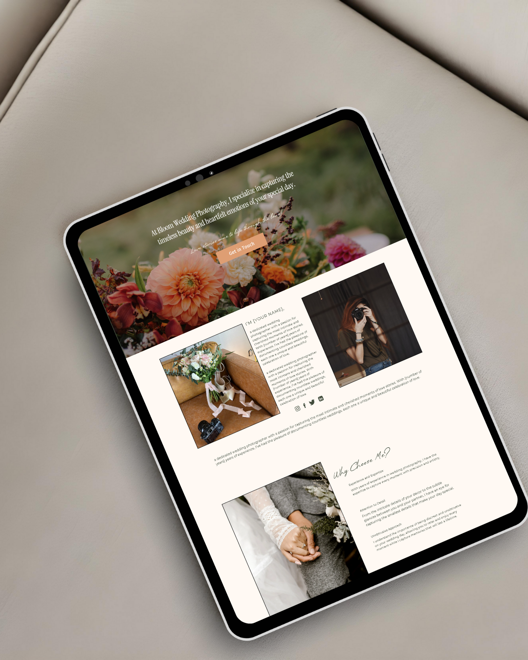 A tablet displaying a wedding photography website featuring images of a flower bouquet, a woman with a camera, and a close-up of a couple's hands holding flowers.