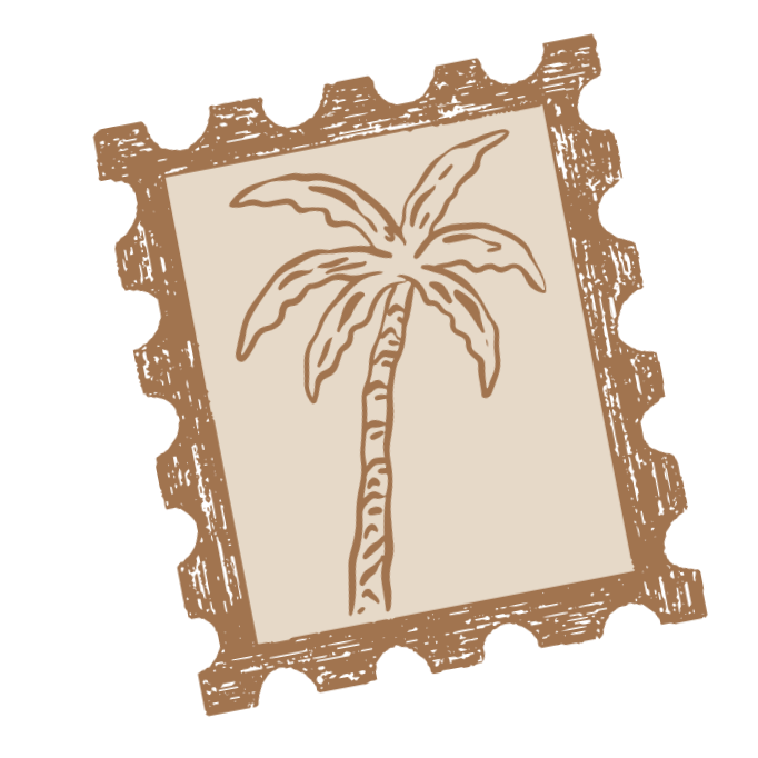 Illustration of a palm tree inside a postage stamp border.