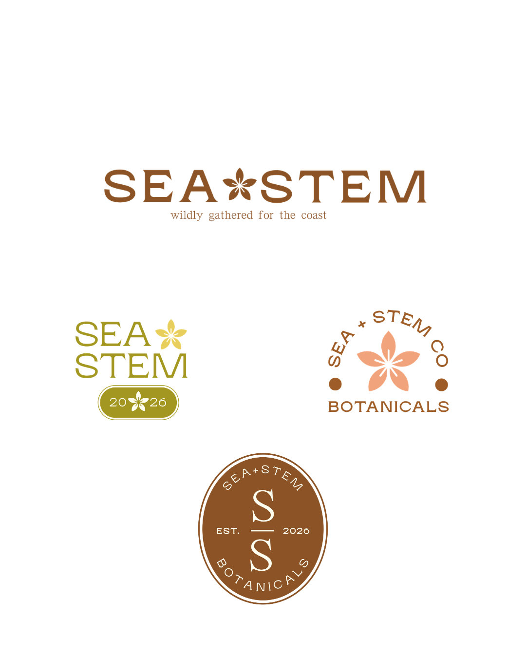 Collection of five different logo designs for Sea Stem Botanicals, featuring floral motifs, varying fonts, and color schemes including brown, yellow, and peach, with some text referencing the coast and botanical themes.