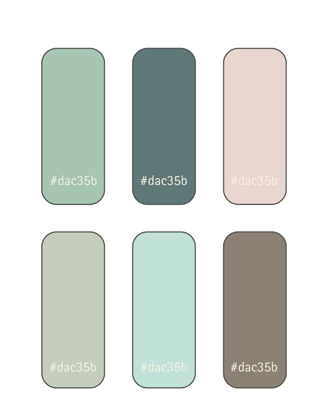 Six color swatches arranged in two rows, each labeled with the color code #dac35b.