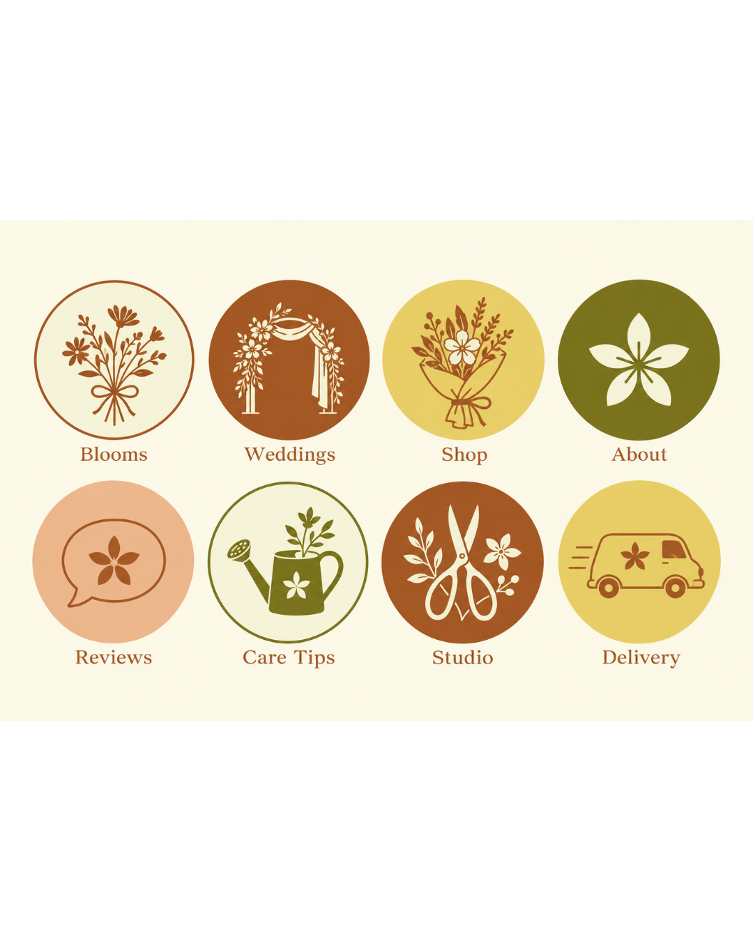 A navigation menu with floral icons including blooms, weddings, shop, about, reviews, care tips, studio, and delivery, each represented by a different flower or gardening related icon.