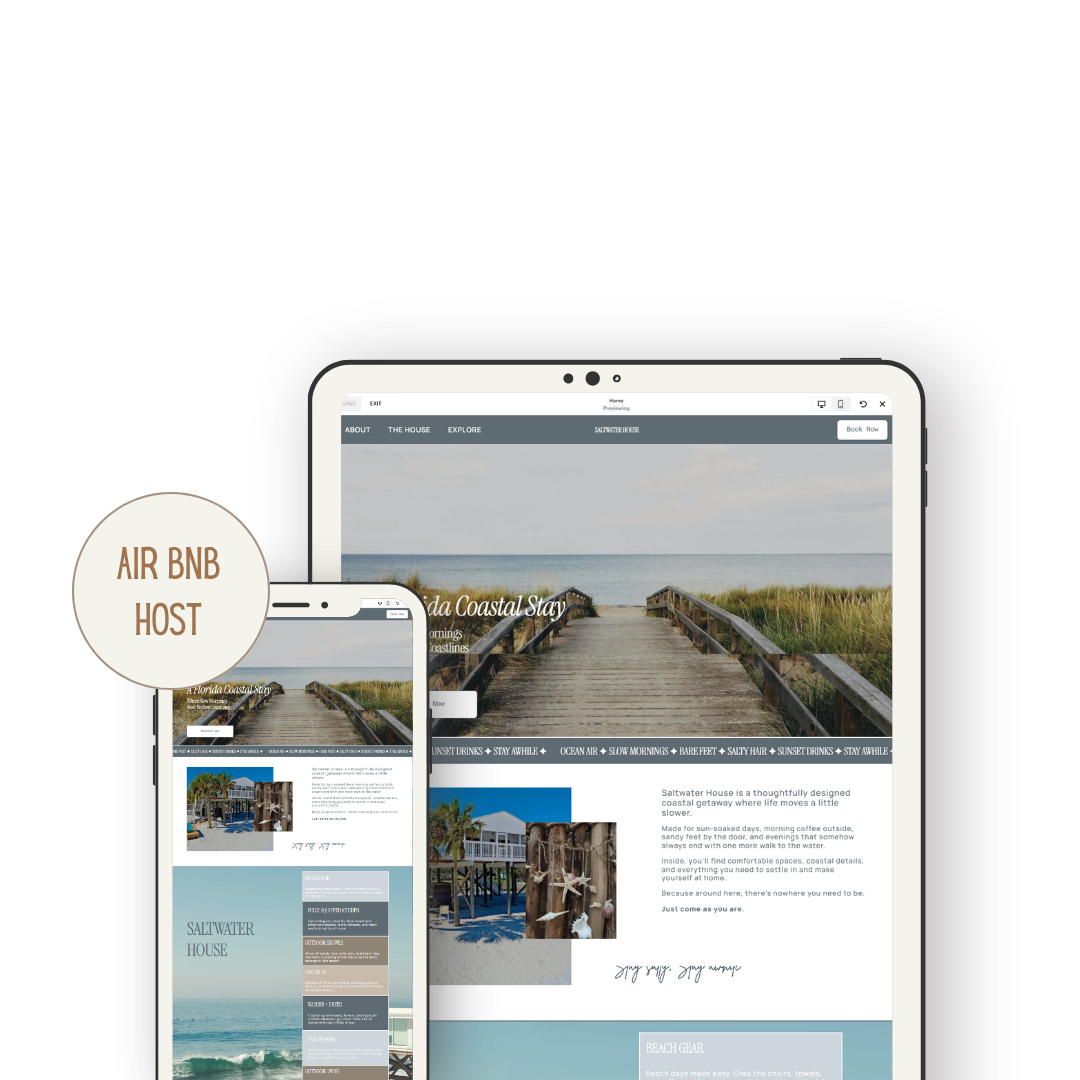 A tablet and a smartphone displaying a beach resort website called Saltwater House, featuring ocean views, a wooden walkway to the beach, and information about the coastal stay.