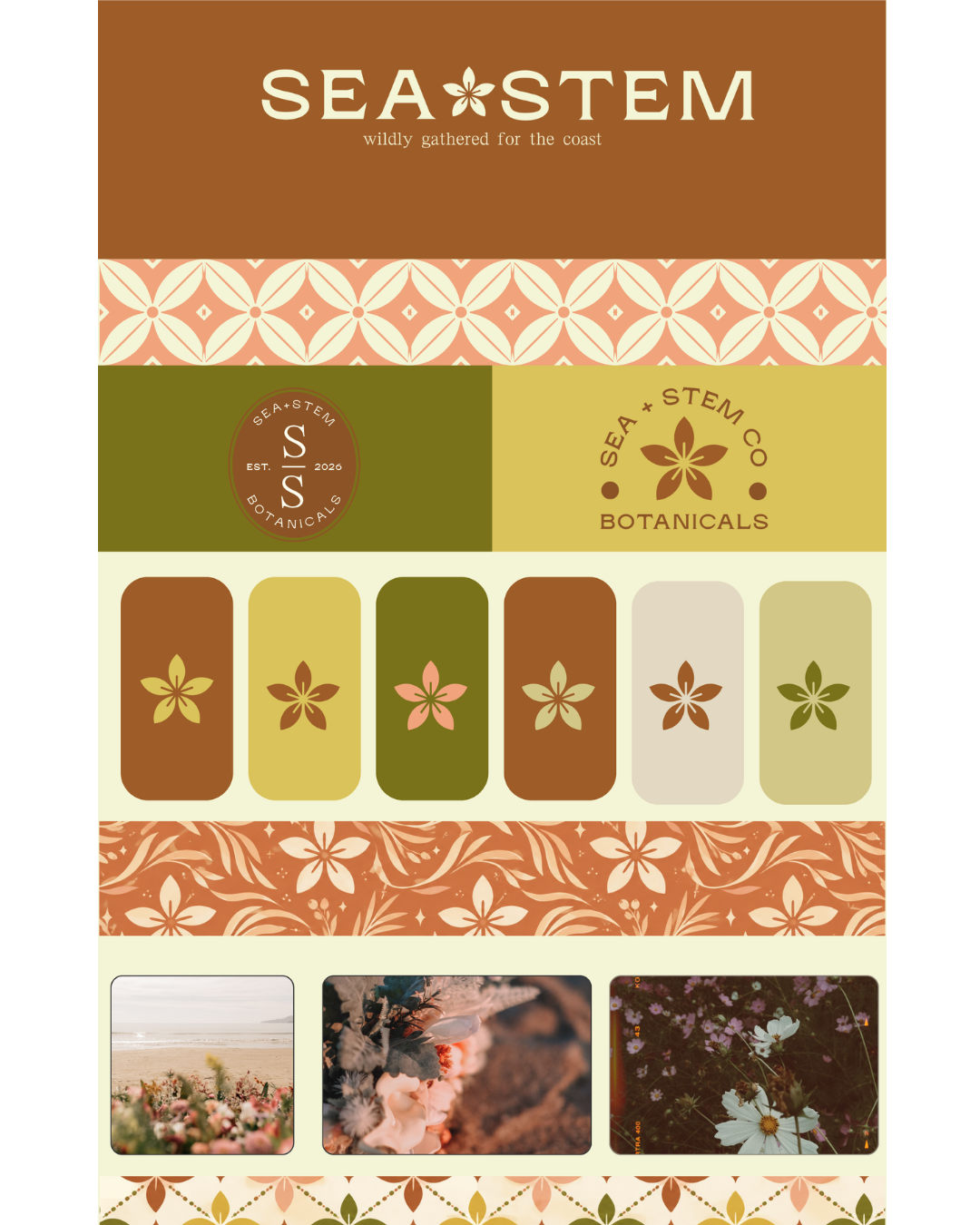 Design for Sea Stem Botanicals branding and product labels featuring floral patterns, logos, and photographs of flowers and coastal scenes.