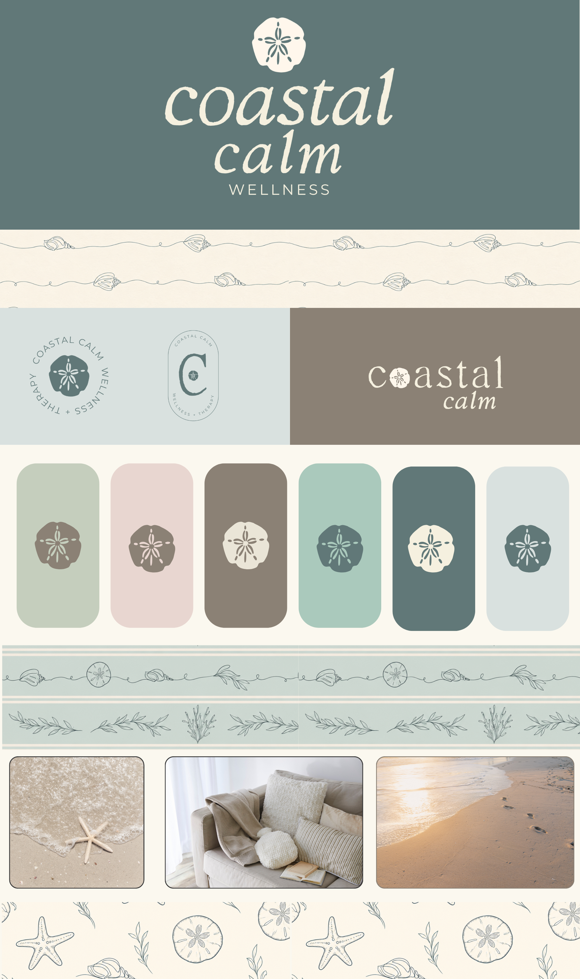 Design board with beach and coastal wellness themes, including water-colored patterns, minimalist logos, and photos of sandy beaches and cozy interiors.