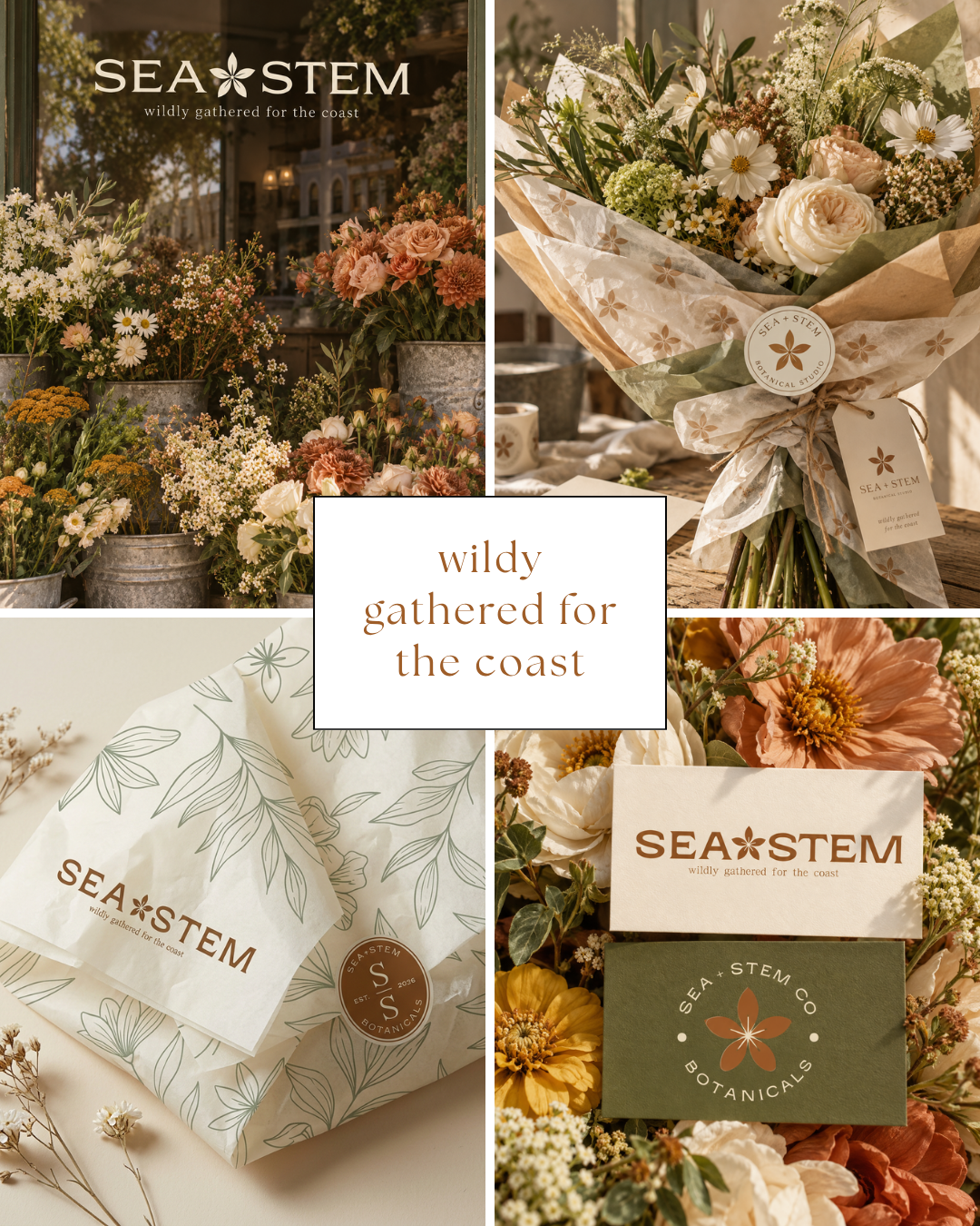 Collage of floral arrangements and product packaging from Sea + Stem Botanical Studio, with text 'wildly gathered for the coast' in the center.