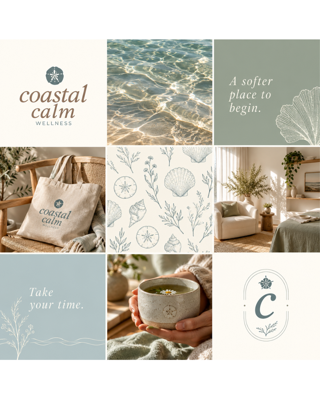 A wellness-themed collage with water, shells, foliage, a cozy bedroom, a tote bag, a tea cup, and motivational text, all in soft, natural colors.
