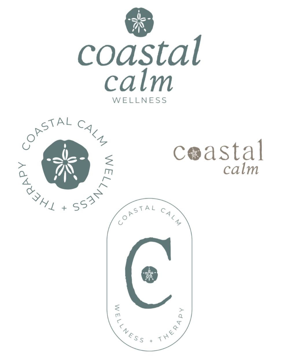Collection of logos and designs for Coastal Calm Wellness, including a flower emblem, text variations of 'coastal calm,' and a stylized letter C with the words 'wellness + therapy'.