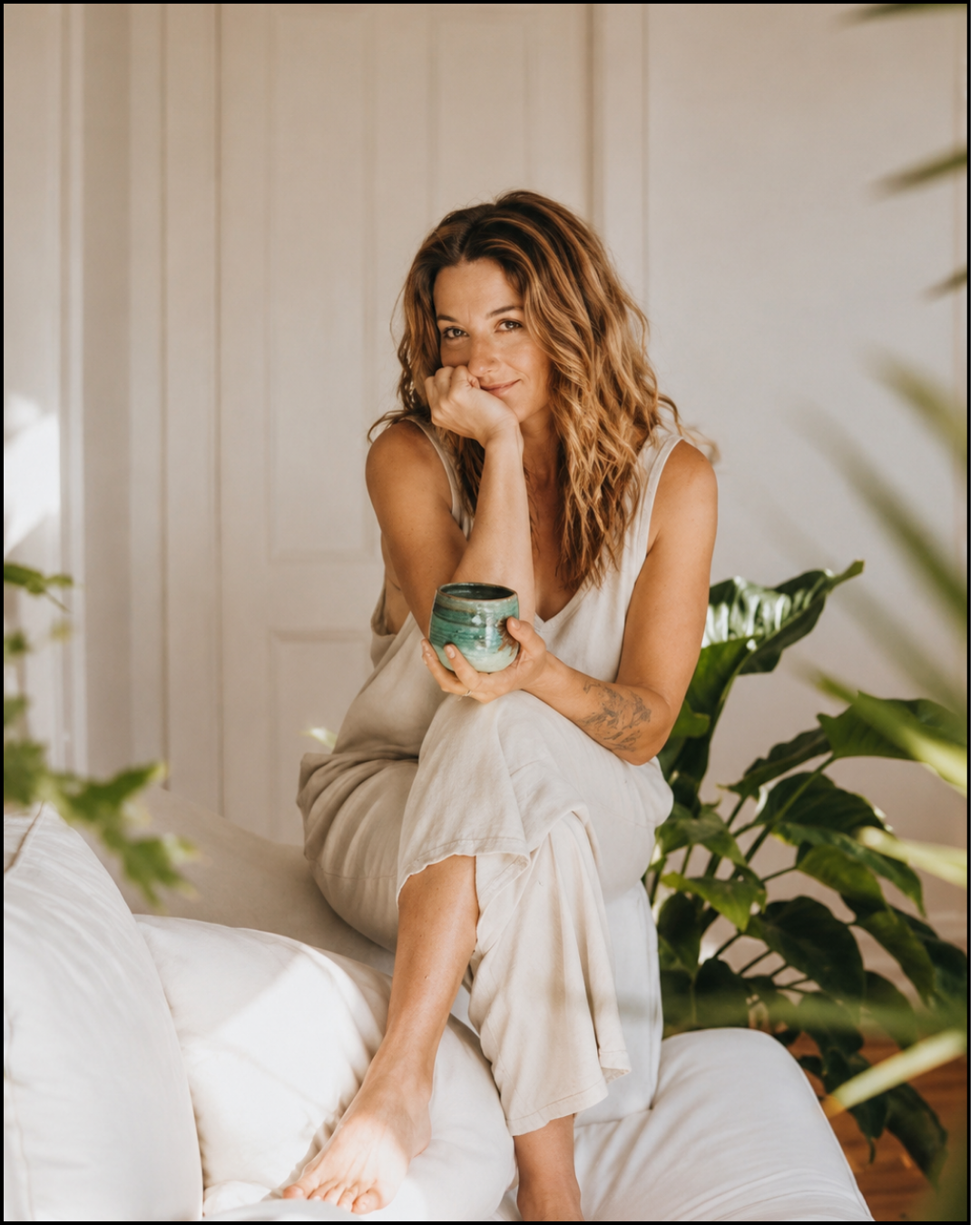 A woman with curly brown hair sitting on a white couch, holding a green ceramic mug, smiling, with plants and a white wall in the background.