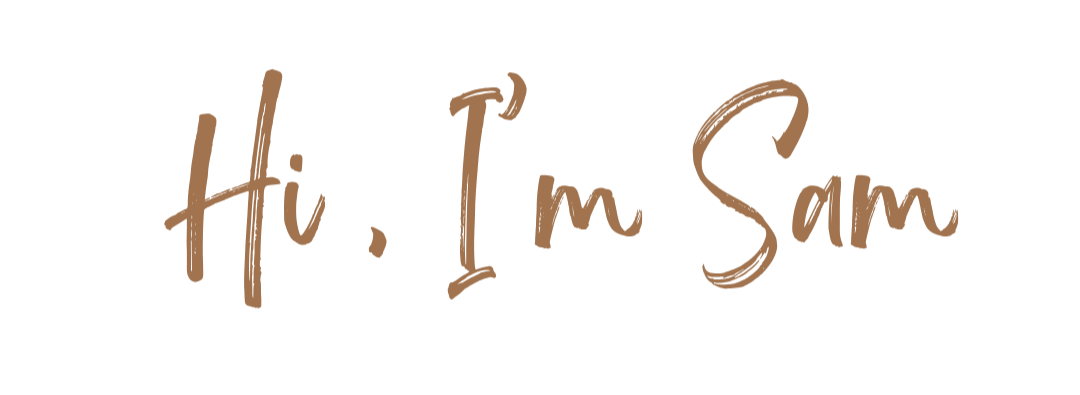 Text on a black background that reads 'Hi, I'm Sam' in brown script font.