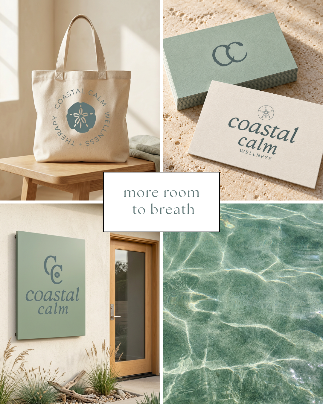 collage of Coastal Calm Wellness branding images: a tote bag with the logo, business cards on sand, a sign on a building exterior, and a pool of water, with the slogan 'more room to breathe' in the center.