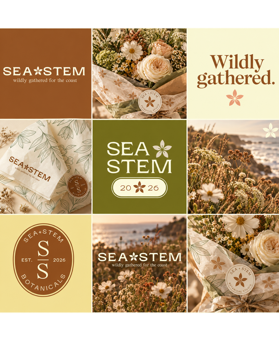 Collage of floral imagery and branding designs for Sea Stem Botanicals, featuring flowers, packaging, and logos with earthy tones and coastal scenes.