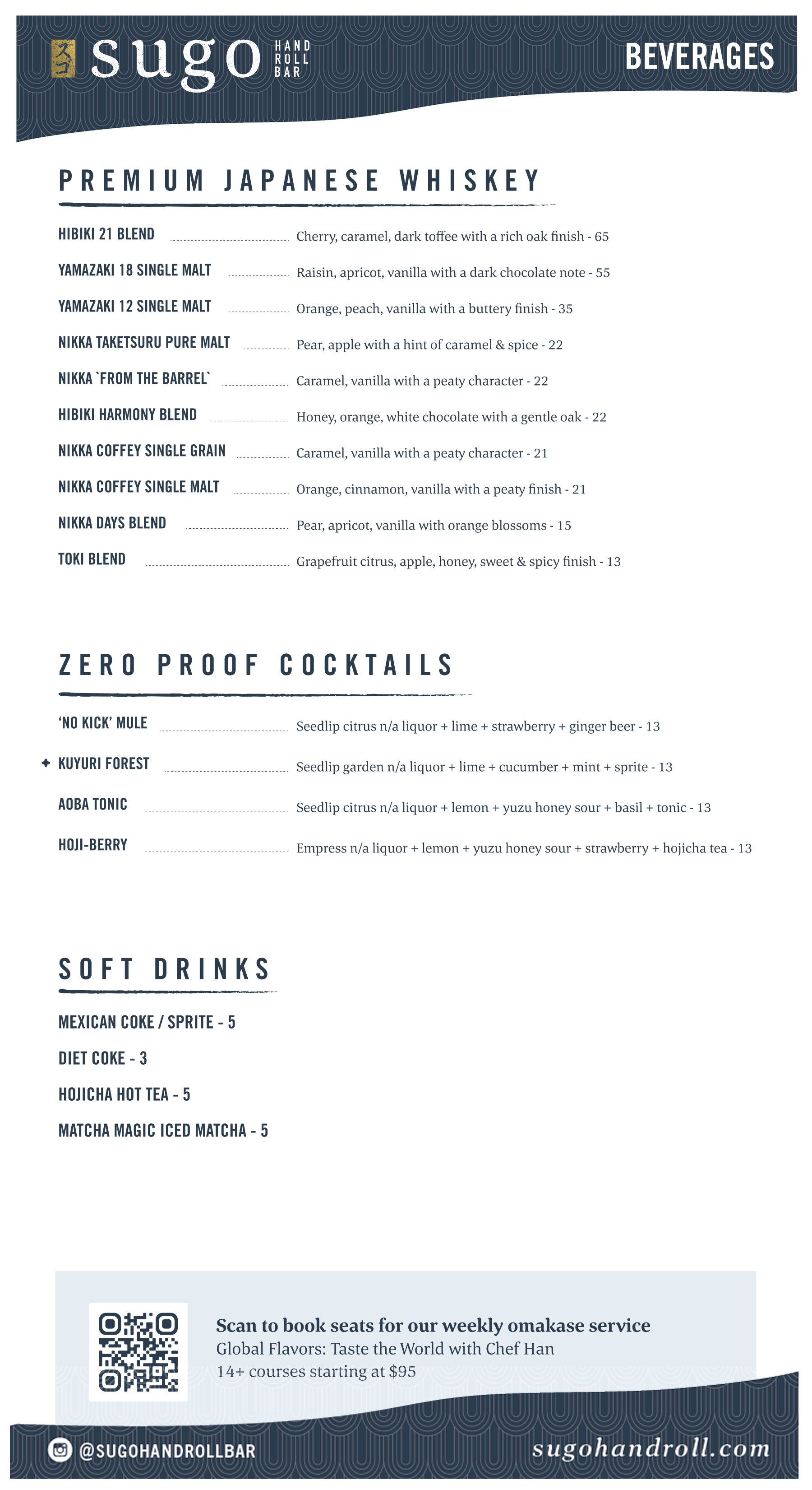 Menu from Sugo Hand Roll Bar featuring Japanese whiskey options, zero proof cocktails, and soft drinks. The menu lists various whiskey blends and their descriptions, as well as non-alcoholic cocktails and soft drink choices.