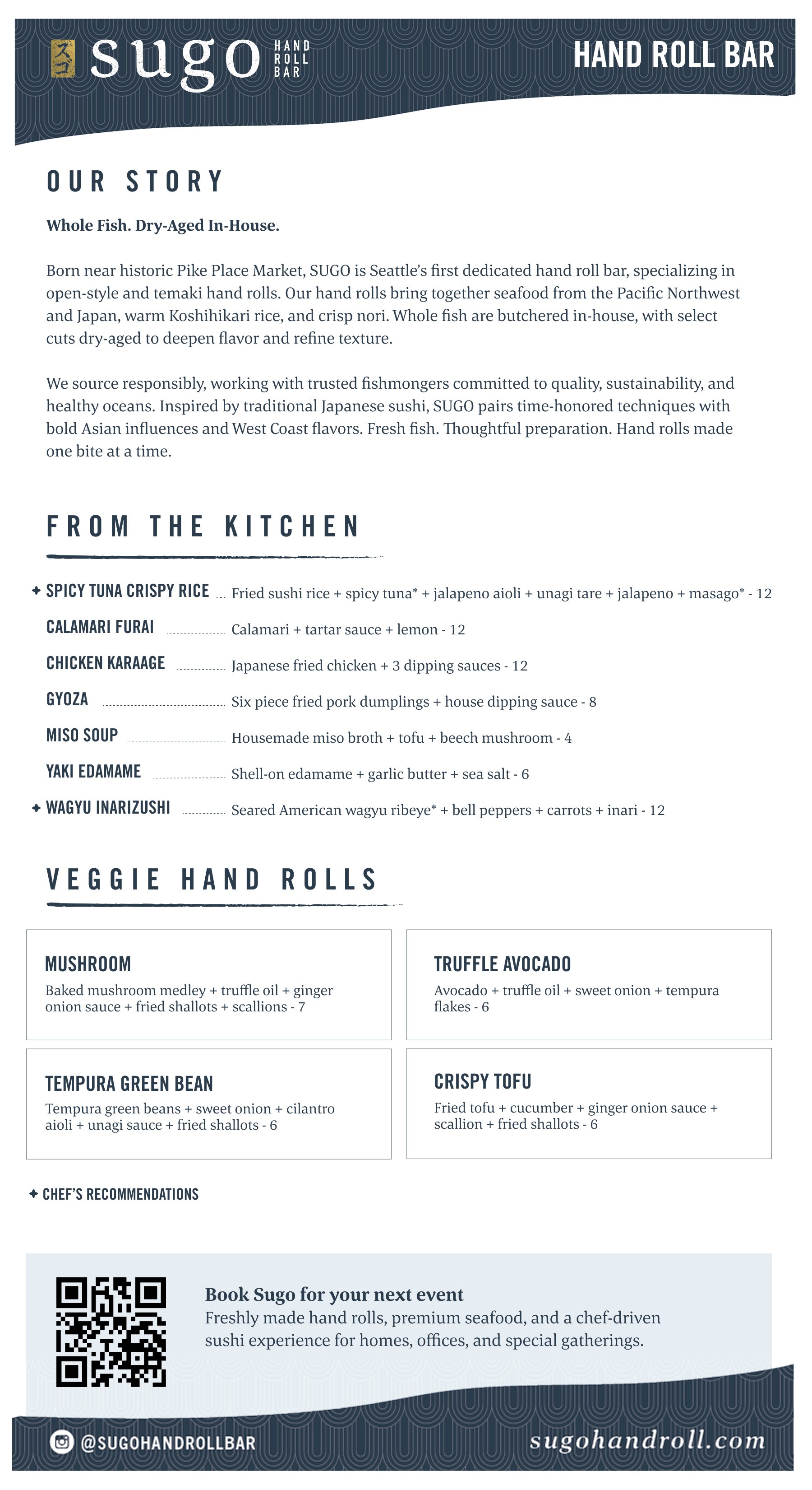 Sugo hand roll bar menu featuring sushi and Japanese dishes, including spicy tuna crispy rice, calamari furai, chicken karaage, gyoza, miso soup, yaki edamame, wagyu inarizushi, veggie hand rolls such as mushroom, truffle avocado, tempura green bean, and crispy tofu, and an information section with a QR code.