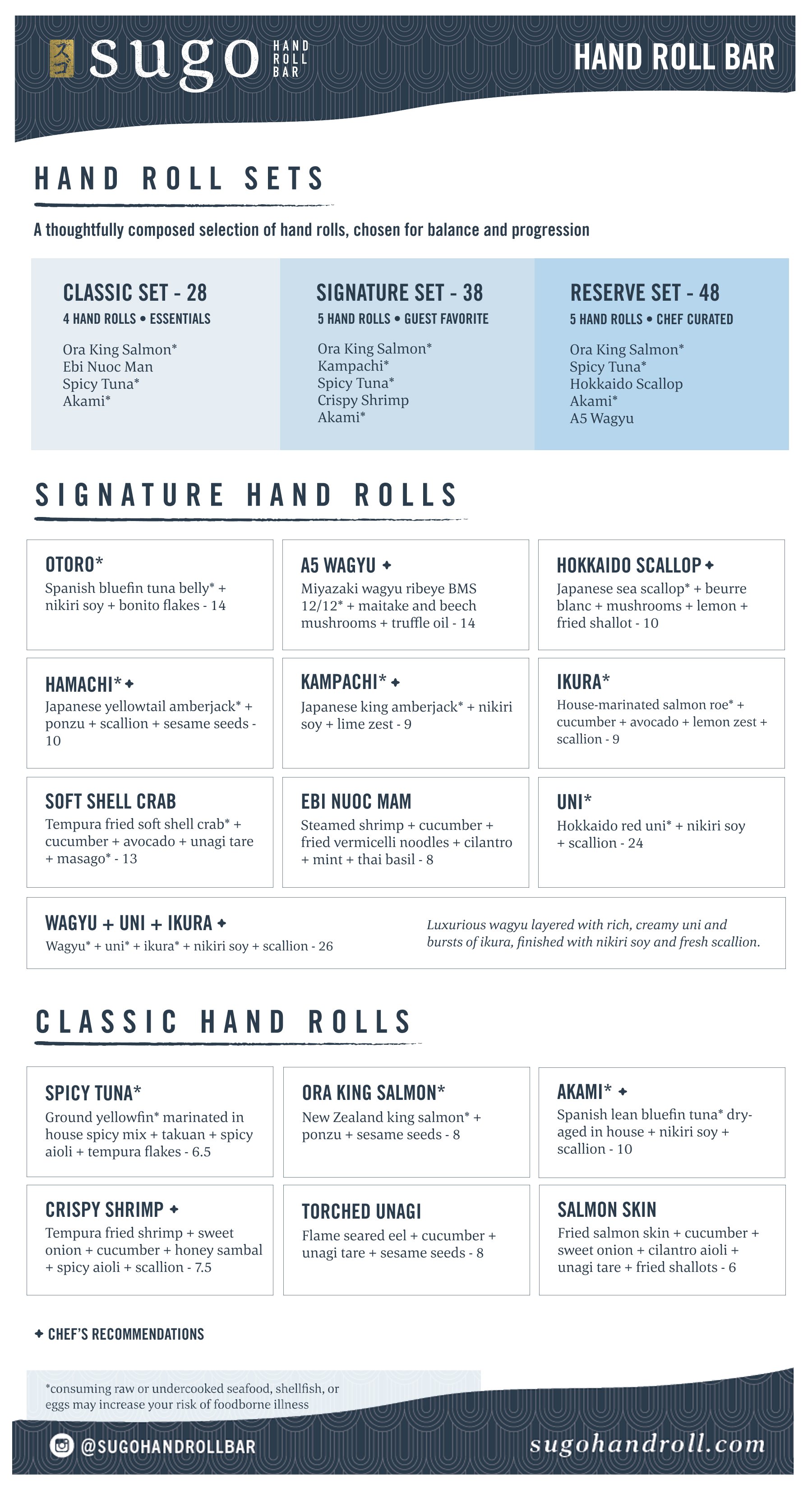 A menu from Sugo Hand Roll Bar listing various hand roll sets and individual hand rolls, including options like Classic Set, Signature Set, Reserve Set, Otoro, A5 Wagyu, Hokkaido Scallop, and others, with ingredients and prices.