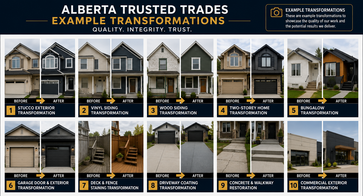 Collection of before-and-after photos of various house exteriors showcasing different remodeling transformations, including stucco, vinyl siding, wood siding, double-story homes, bungalow, garage door, deck and fence, driveway, concrete walkways, and commercial exteriors, labeled with numbers 1 to 10 and descriptions.
