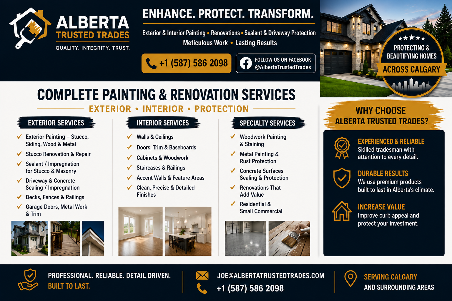 Business flyer for Alberta Trusted Trades advertising complete painting and renovation services including exterior, interior, and specialty services, with contact information and reasons to choose this company.